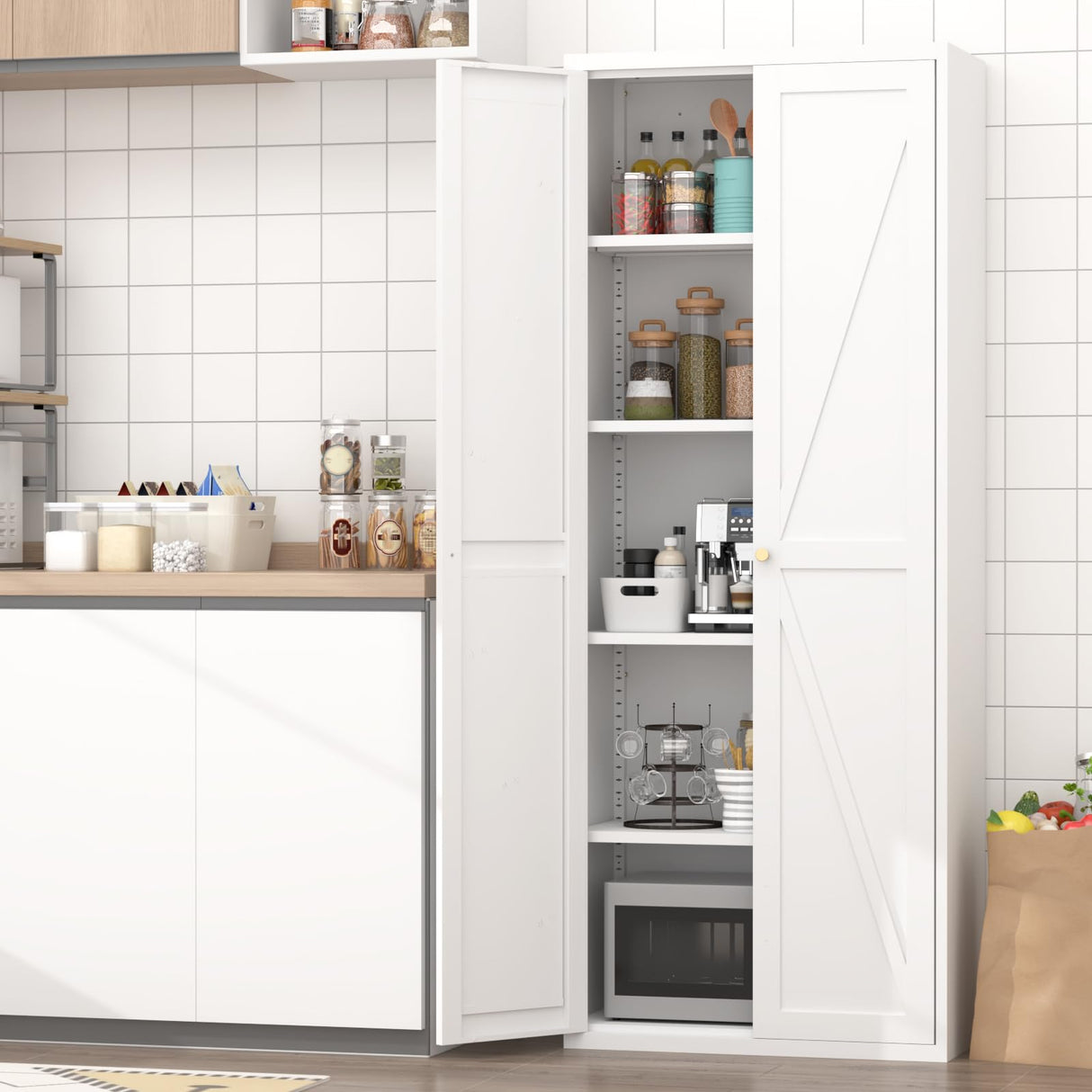 FATIGOS 71" H Kitchen Pantry Storage Cabinet, Metal Food Pantry Cabinets with Doors and Adjustable Shelves, White Kitchen Storage Cabinet, Cupboard for Dining Room, Living Room and Bathroom FATIGOS