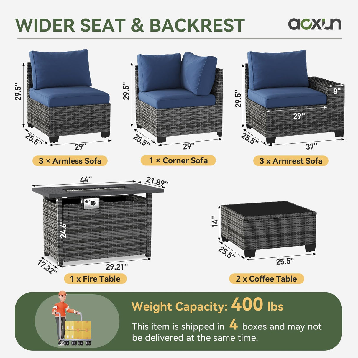 Aoxun Patio Furniture Sets with 44'' Fire Pit, 10 Pcs Outdoor Patio Coversation Set with 4'' Thicken Cushion, Widen Armrests Wicker Outdoor Sectional for Backyard (Waterproof Cover Include) Aoxun