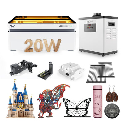 WECREAT Vision Laser Engraver with Fume Extractor, 20W 4-in-1 Desktop Diode Laser Engraver and Cutter with Smart Camera, Rotary, CleanAir, Auto-Lifting Enclosure, Air Assist and Laser Bed