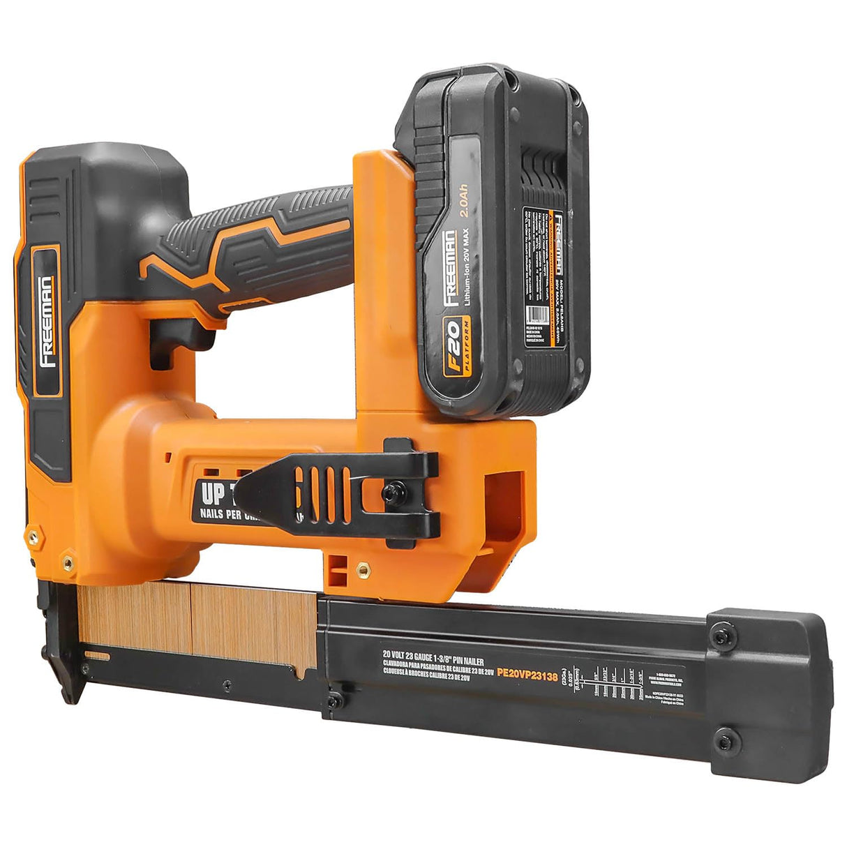 Freeman PE20VP23138 20 Volt Cordless 23-Gauge 1-3/8" Pin Nailer Kit with Lithium Ion Battery, Charger, Bag, and Nails (1000 Count) – 2000 Shots per Charge Freeman