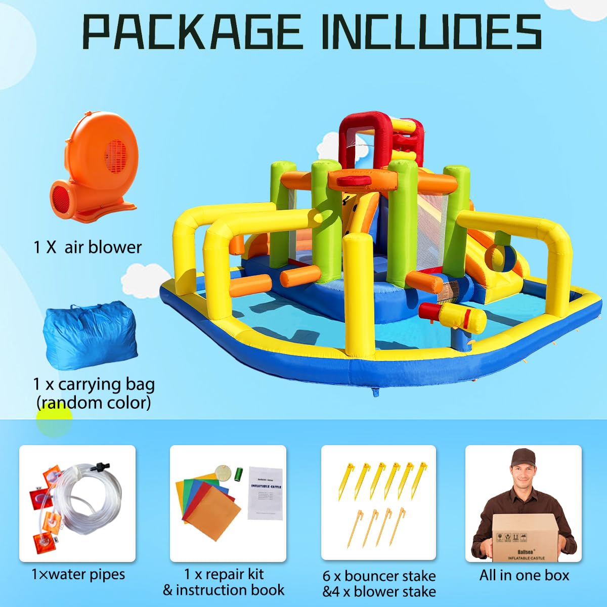 Umbalir Inflatable Obstacle Bounce House, Kids Bounce House Water Park with Water Slides, Surprise Dump Bucket, Obstacles,Jumping, Tunnels, Climbing,Water Cannon, and Ball Shooting Frame Umbalir