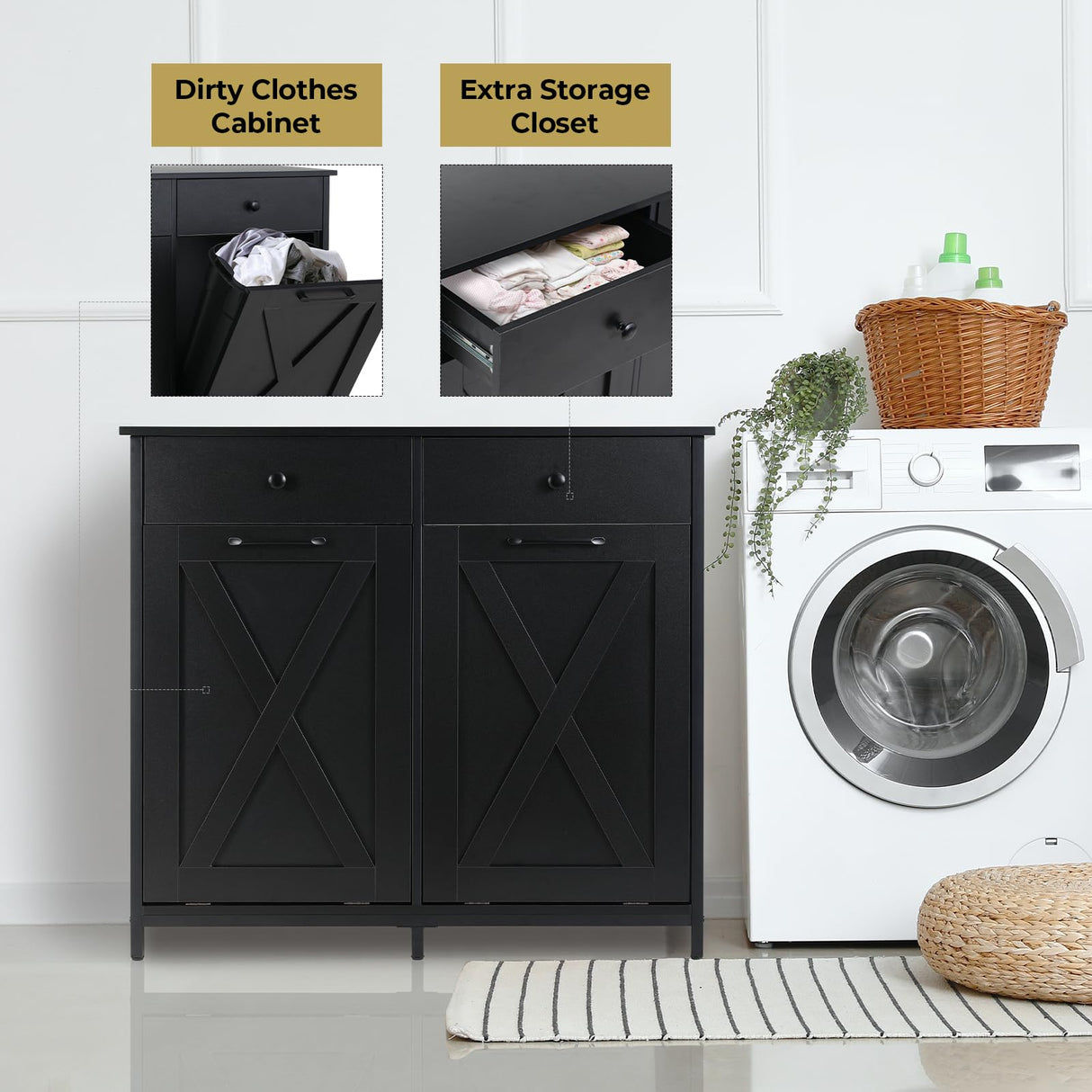 Arlopu Double Tilt Out Trash Cabinet, 20 Gallon Pet Proof Kitchen Pull Out Recycle Cabinet, Freestanding Wooden Laundry Sorter Cabinet, W/Drawer, Barn Door, for Home, Living Room, (Black) Arlopu