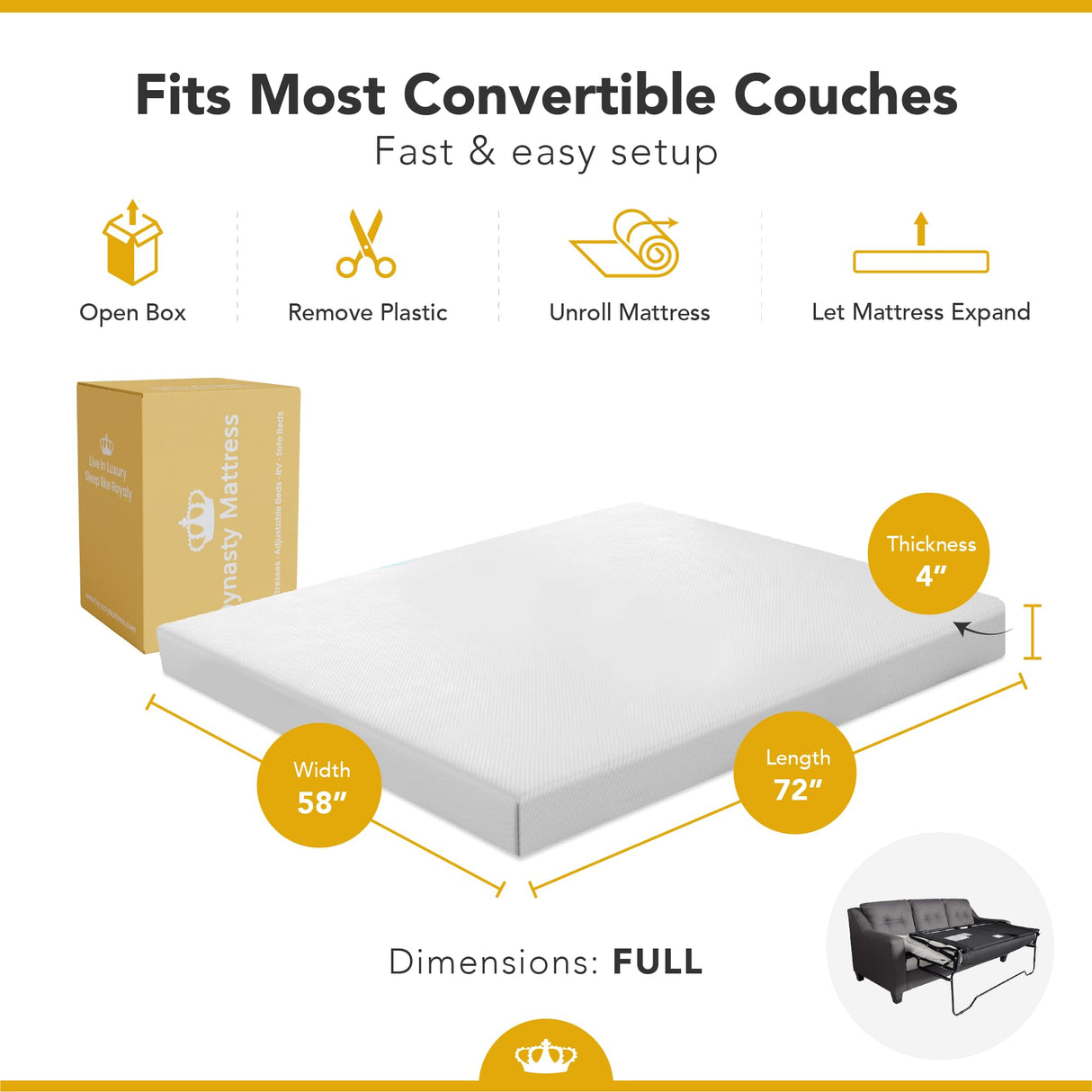 DynastyMattress 4-inch Cool Gel Memory Foam Mattress Sleeper for Convertible Folding Sofa & Couch Beds Full Size Sofa Not Included (USA Made) DynastyMattress