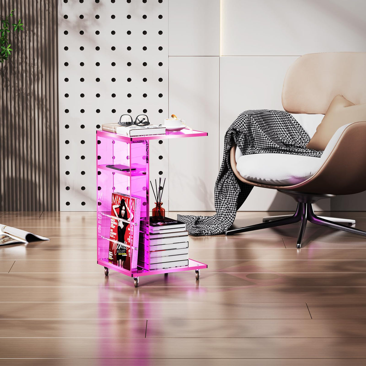 Clear Acrylic Side Table on Lockable Wheels, C Shaped End Table for Sofa, Small Coffee Tables for Small Spaces (Pink) Acrylicolor