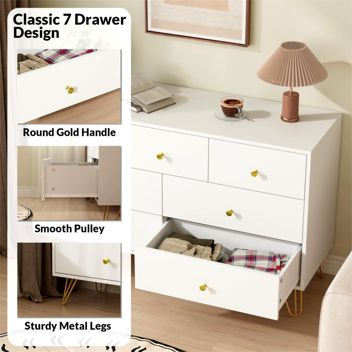 Tradare 7 Drawer Dresser and Night Stand Sets for Bedroom, Two Drawers Nightstand Set of 2 & 7 Drawer Dresser with Gold Handle, Modern White and Gold Dresser Set Tradare