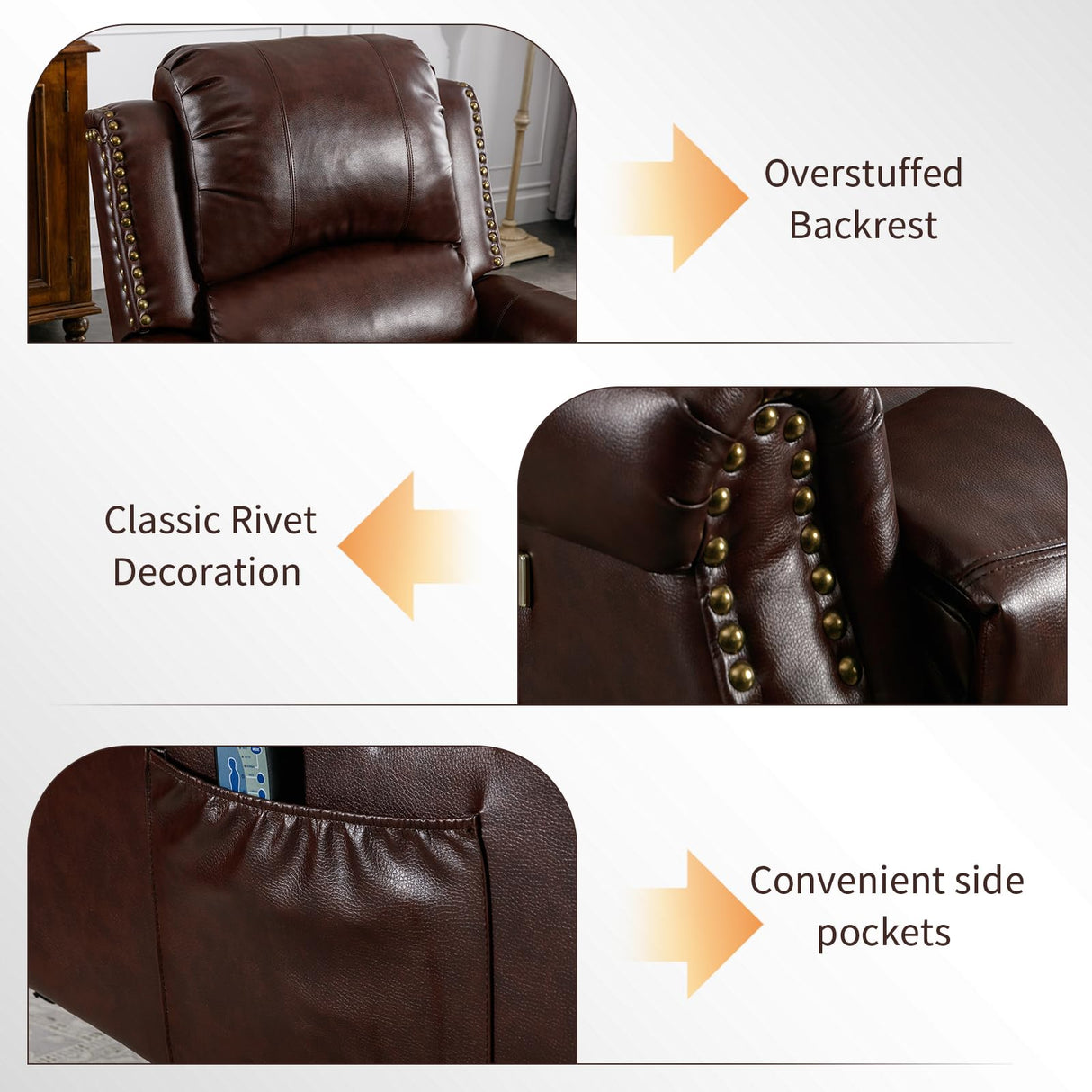 HAOMARKETS Classic Power Recliner Chair with Massage and Heat, Breathable Faux Leather Electric Recliner with USB Port, Overstuffed Reclining Sofa with Rivets for Living Room HAOMARKETS