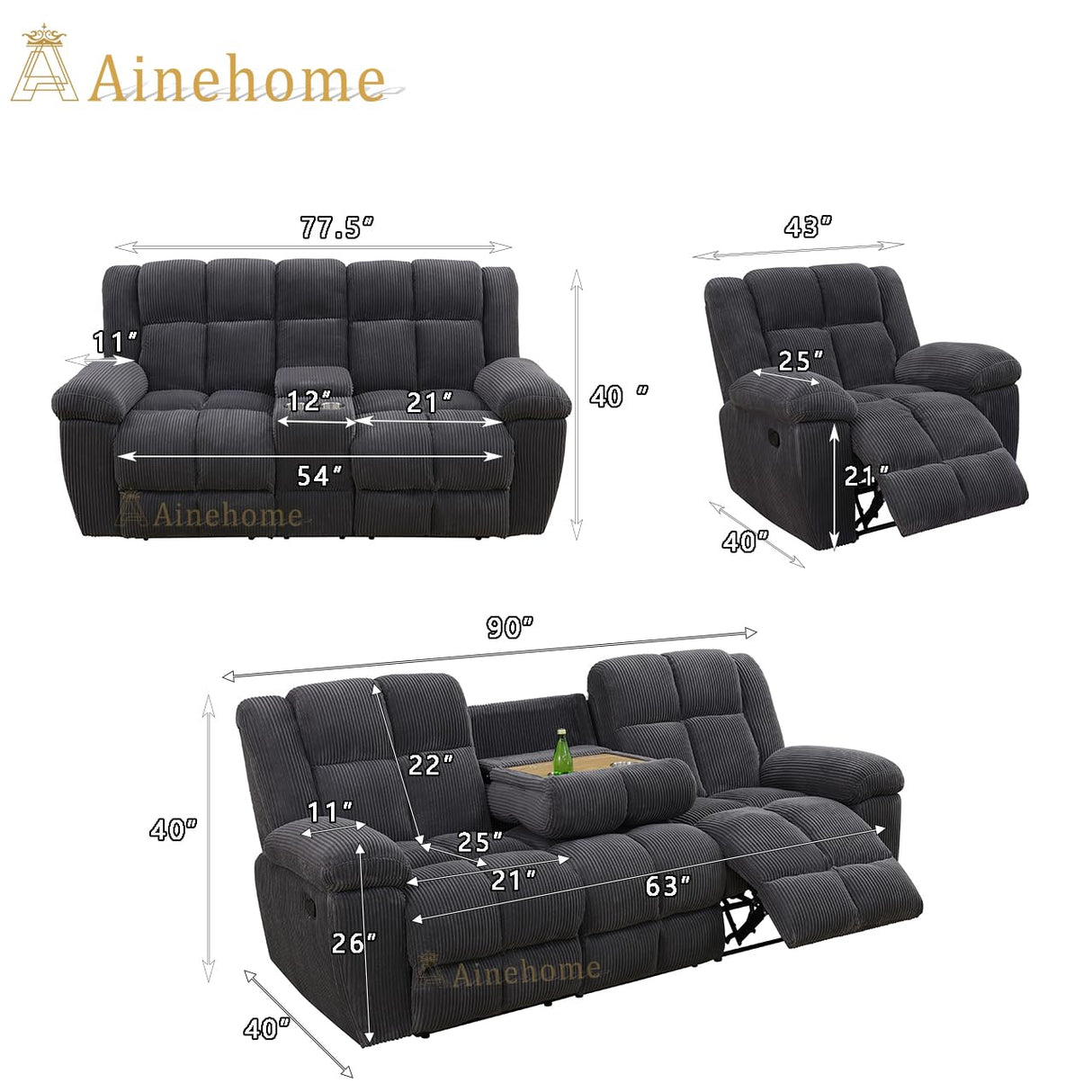 A Ainehome Manual Recliner Sofa Set, Corduroy Recliner Loveseat, Living Room Furniture Set Modern Loveseat Sofa, Reclining Couches for Living Room/Office(3 Piece Set, Dark Grey) A Ainehome