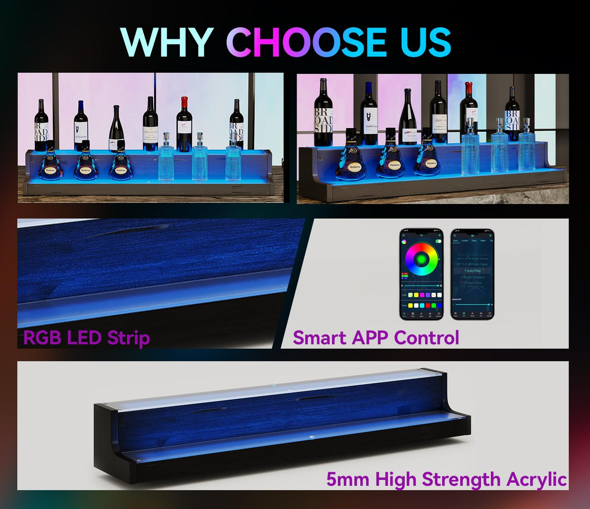 WODRAWER LED Lighted Liquor Bottle Display, 40 Inch 2 Tier Acrylic Bottle Display Rack, Wine Rack Multi-Color Lighting Modes for Home Bar, Party WODRAWER