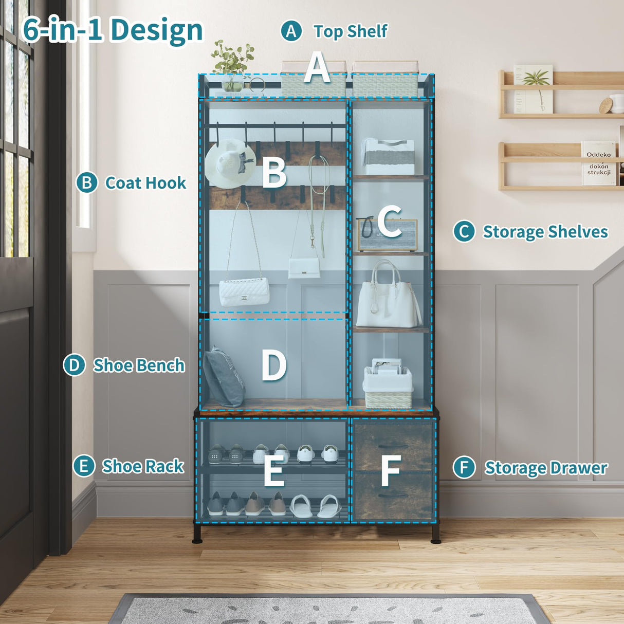 LUMTOK Hall Tree with Bench Storage and Shoes Storage, Hall Tree with Drawers and Shelves for Bedroom, 6-in-1 Entryway Organizer with Shelves, Living Room, Entryway, Closets (Rustic Brown) LUMTOK
