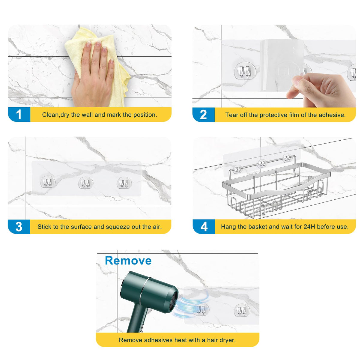 Youvip Adhesive Shower Caddy, No Drilling Bath Organizers 5 Pack, Rustproof Shelves with Soap Holder & Toothbrush Holder, Bathroom Organizers and Storage, Silver Youvip