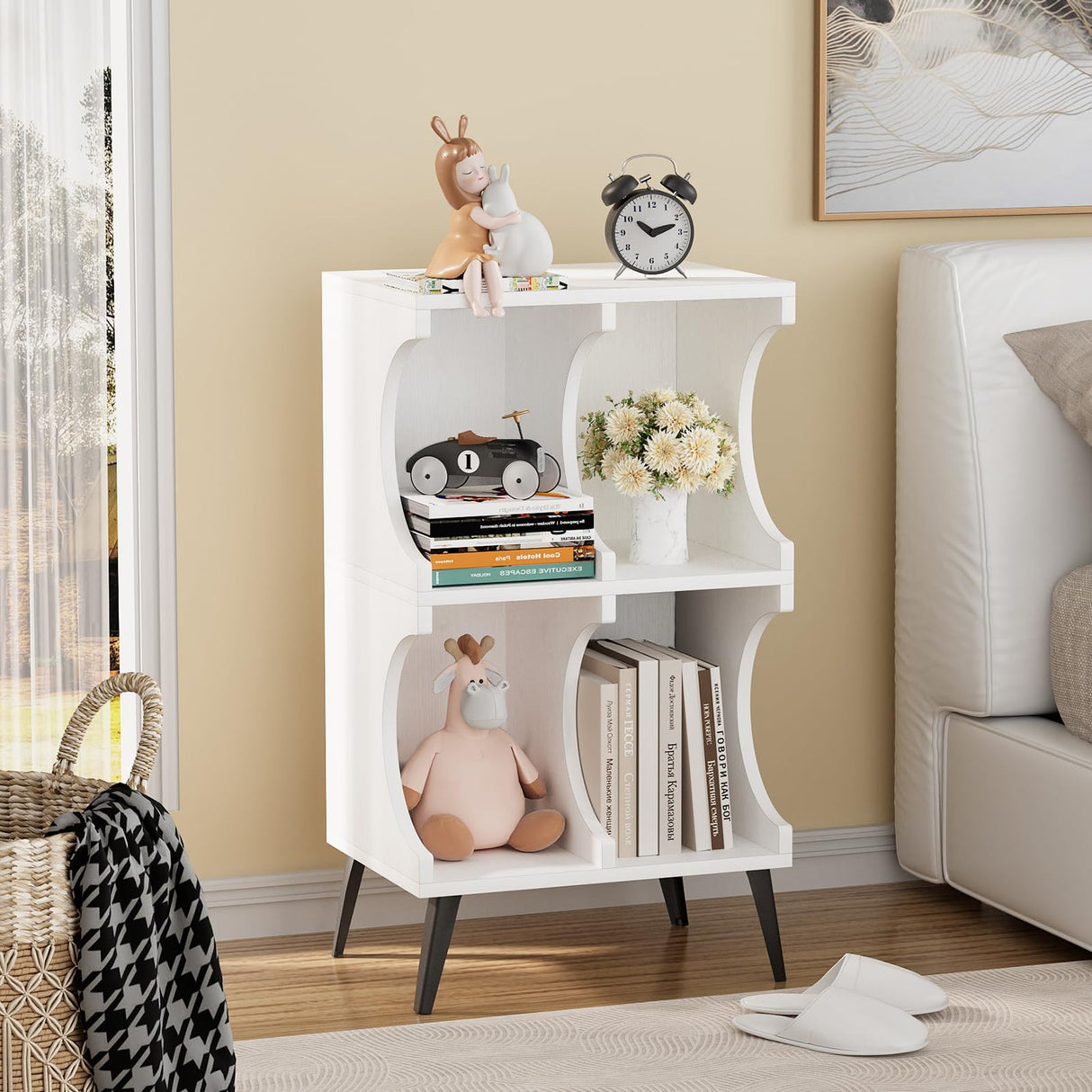 Aenuert White 4-Cube Open Bookshelf - Modern Wooden Storage Cabinet for Living Room, Bedroom, and Office Aenuert