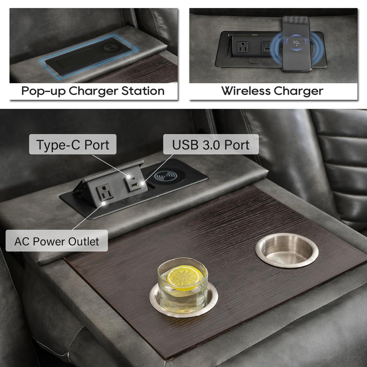 Manual Recliner Sofa Set 3 Piece with Wireless Charger for Living Room,Leather 3 Seater Reclining Couch with Bass Speakers and Loveseat Theater Seating,Home Electric Recliner Chair with LED Light,Grey Comfort Stretch