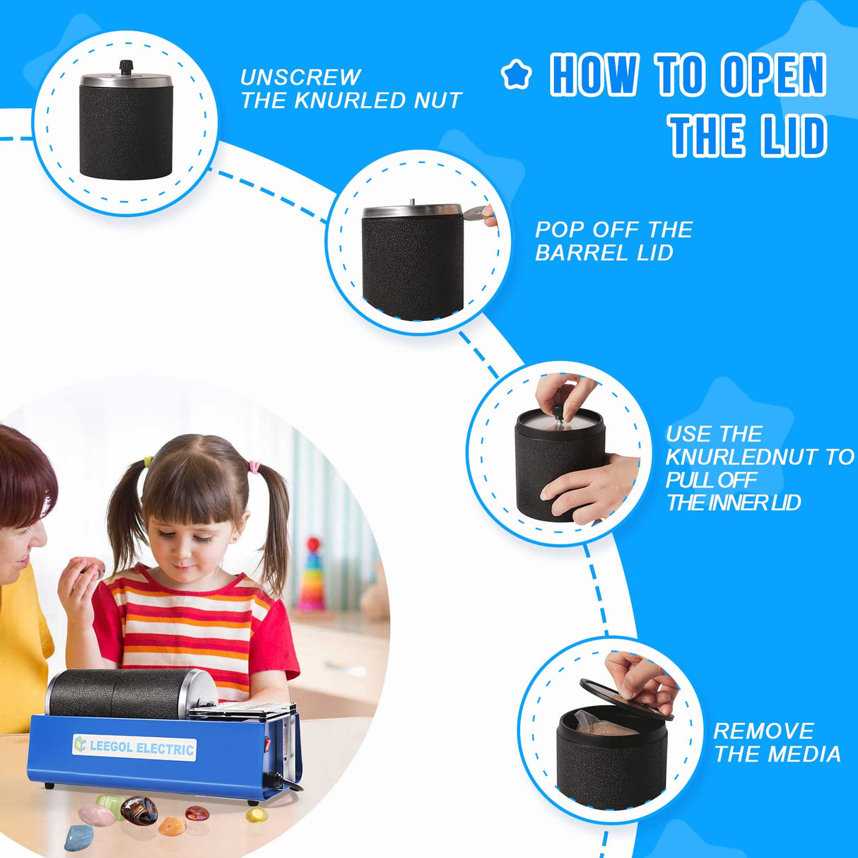 Leegol Electric 6LB Rock Tumbler Kit – Double Drum Rock Polisher for Kids & Adults Leegol Electric