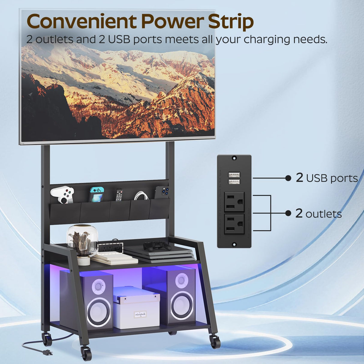 YATINEY Rolling TV Stand with Power Outlet, Mobile TV Stand with LED Light Up to 55" TVs, TV Cart with Mount, 5 Oxford Fabric Pouches, for Living Room, Meeting Room, Black DS01UDBB YATINEY