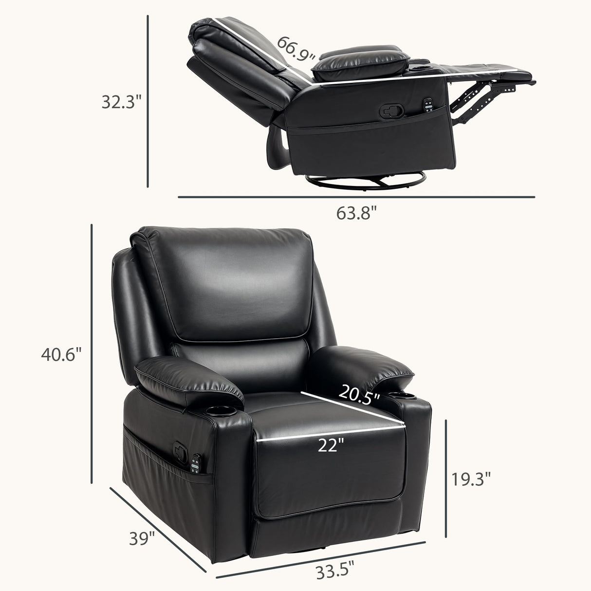 HOMCOM Swivel Rocker Recliner Chair with Vibration Massage and Heat, Oversized PU Leather Ergonomic Lounge Chair with Footrest, Remote, Cup Holders and Side Pockets for Living Room, Black HOMCOM