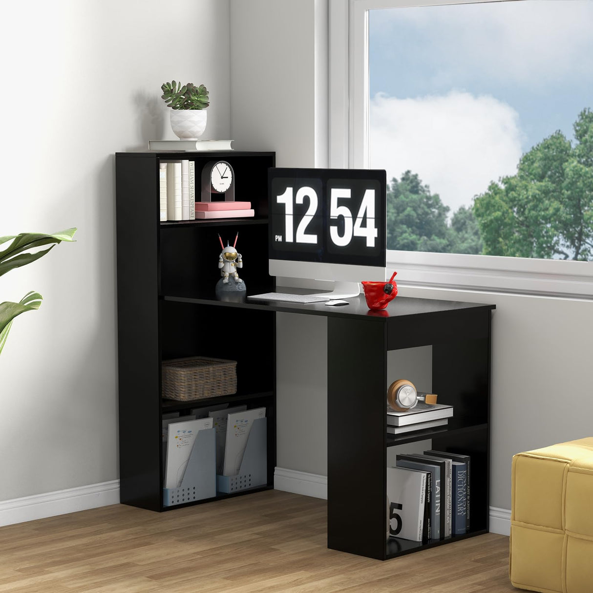 Giantex 48 Inch Computer Desk with Bookshelf, 3-in-1 Home Office Desk with 4-Tier Bookcase & CPU Stand, Space-Saving Reversible Writing Desk Work Table for Bedroom, Study Room, Office (Black) Giantex