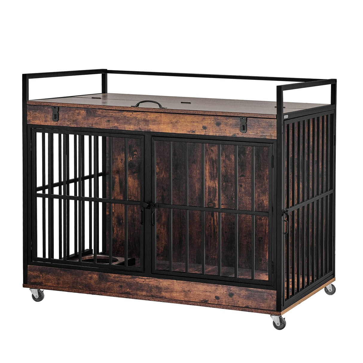 Extra Large Dog Crate Furniture, Dog Crates Furniture for Medium/Large Dogs Indoor, Heavy Duty Dog House with Wheels, Feeder Bowls & Flip Top, Large Dog Crate 44" L x 30" W x 38" H Redlifeᅟᅠ