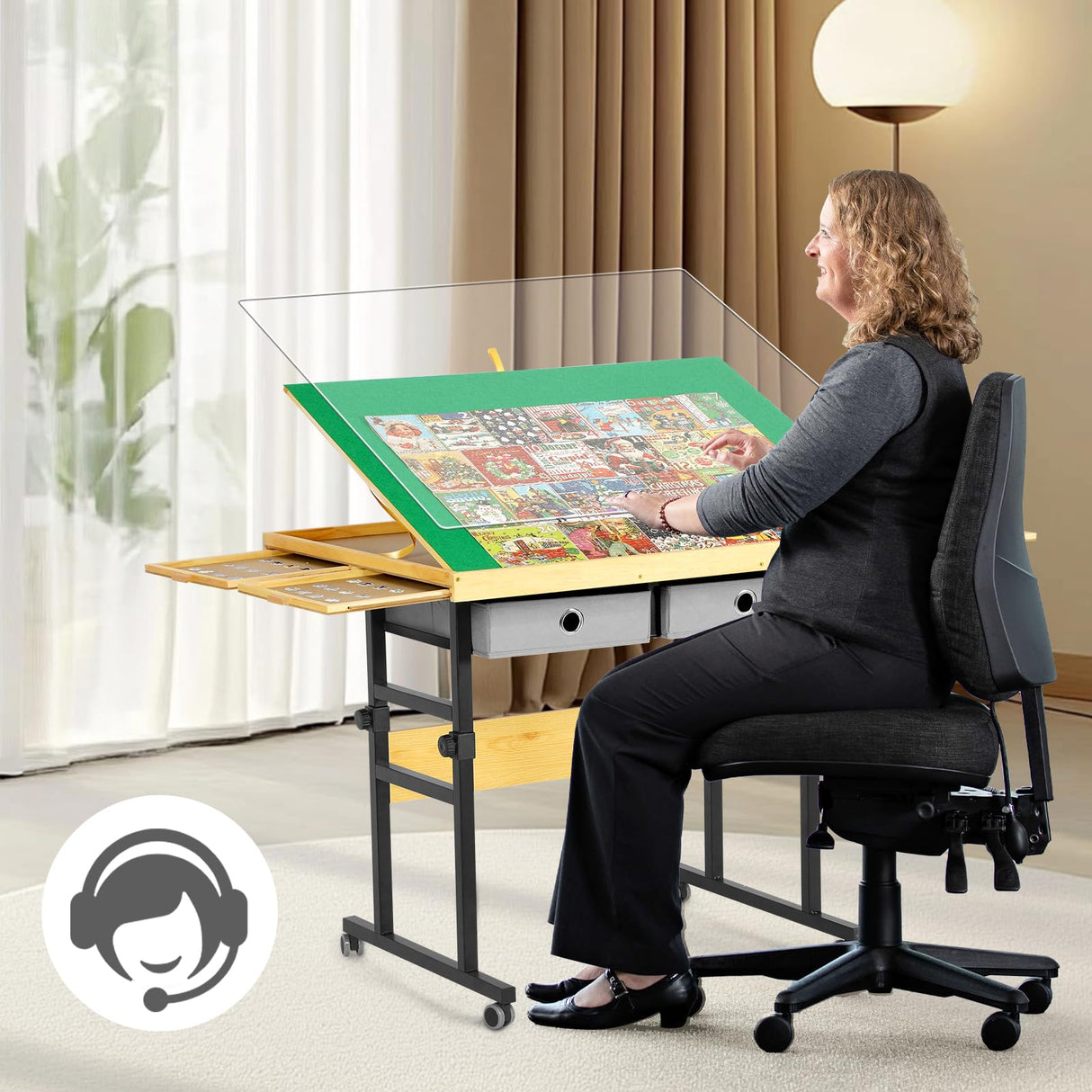 BuilderButler Adjustable Puzzle Table with 4+2 Drawers, Non-Slip Surface Puzzle Board, Tilting & Height Adjustment, 360° Wheels, and Protective Cover for Puzzle Enthusiasts BuilderButler