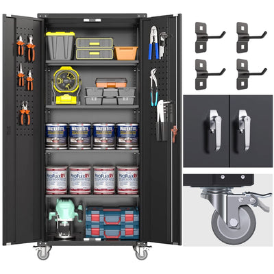 GangMei Garage Storage Cabinet with Wheels & Pegboard, 72" H Locking Metal Storage Cabinet with Doors and Shelves, Rolling Steel Cabinet for Garage, Craft Workshop, Home (Black)