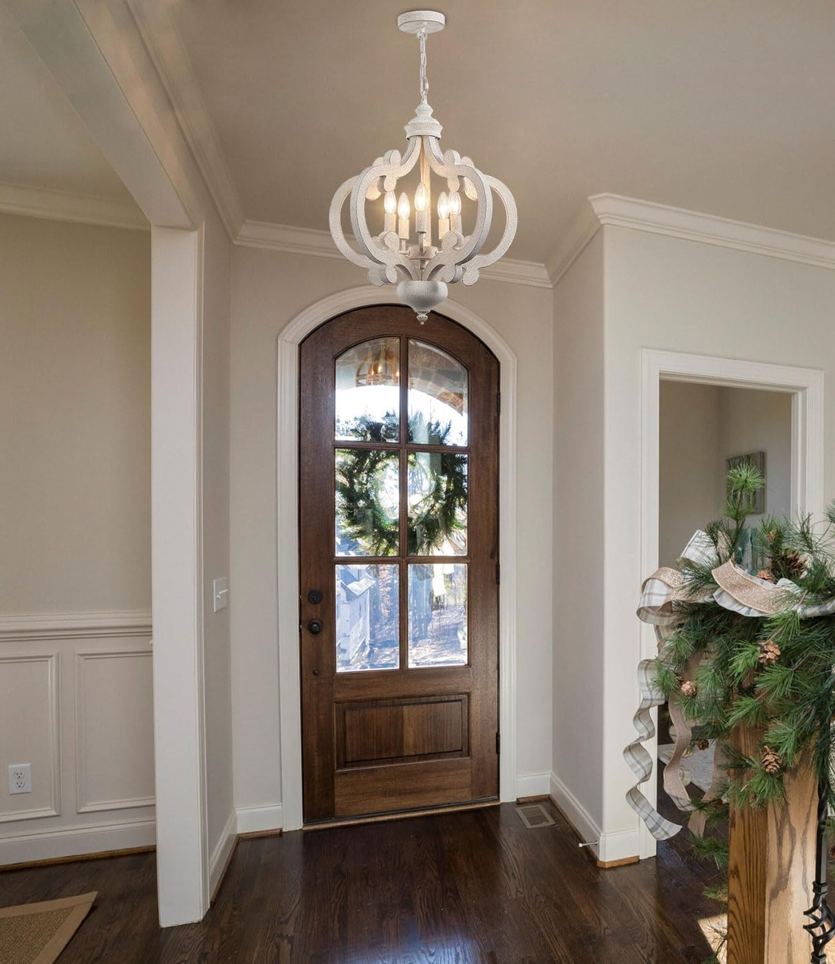 ETONIMERR Wooden French Country Chandelier Light Fixture Ceiling 5-Light, Antique White Farmhouse Chandelier for Dining Room Cottage Rustic Pendant Lighting for Kitchen Island Living Room Bedroom ETONIMERR