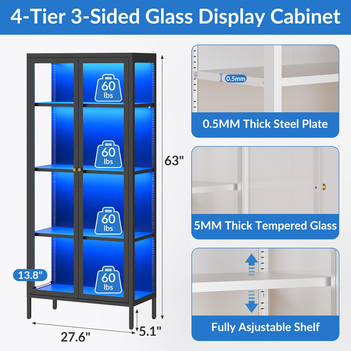 Desirable Life 4 Tier Glass Display Cabinet with 13 Color LED Lights, 63" Lighted Curio Cabinet with Glass Doors & Adjustable Shelves, Tall Metal Display Case for Collectibles - Black Desirable Life