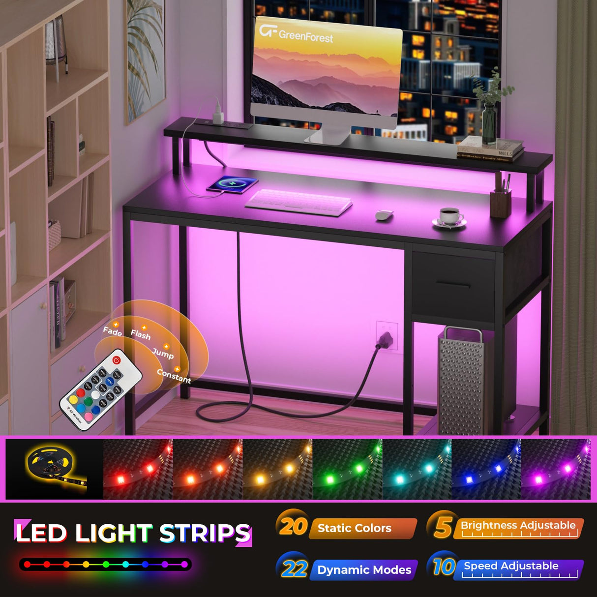 GreenForest Computer Desk with Drawers 39 inch,Gaming Desk with LED Lights & Power Outlets Small Desk with Monitor Stand and Reversible Shelf,Black GreenForest