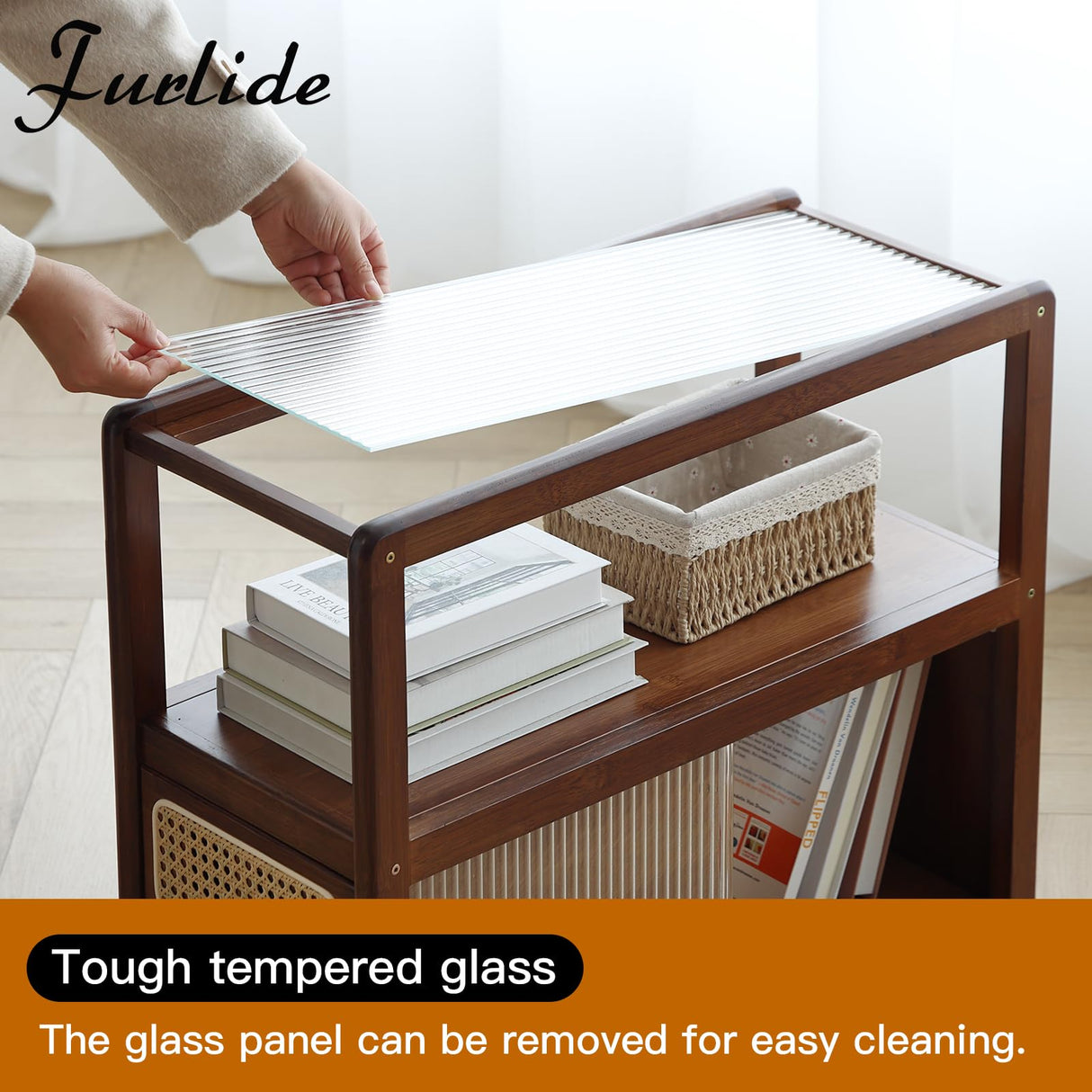 Furlide Rattan Side Table with Storage, Bamboo Nightstand Bedside Table, Glass Mid Century Modern End Tables for Small Spaces, Living Room, Bedroom,Walnut Furlide