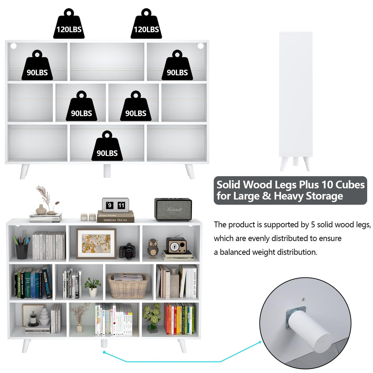 Gyfimoie 10 Cube Book Shelf with LED Lights, 3-Tier White Bookcase with Solid Wood Legs Modern Open Storage Organizer Kids Bookshelf Display Shelf for Living Room, Home Office (White, 10 Cube) Gyfimoie