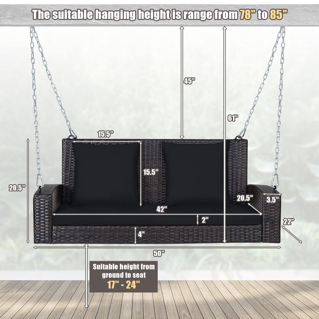 Tangkula 2-Person Wicker Hanging Porch Swing, Patiojoy Outdoor Rattan Swing Bench W/ 2 Back Cushions & 1 Seat Cushion, Sturdy Steel Chain, 800lbs Weight Capacity, Suitable for Deck, Backyard, Garden Tangkula