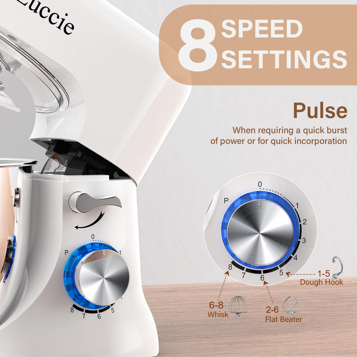 Stand Mixer, Zuccie 4.8QT Kitchen Electric Stand Mixer, 380W Motor Power Food Mixer, 8+P-Speed Dough Mixer with Dough Hook, Wire Whip & Beater, White Zuccie