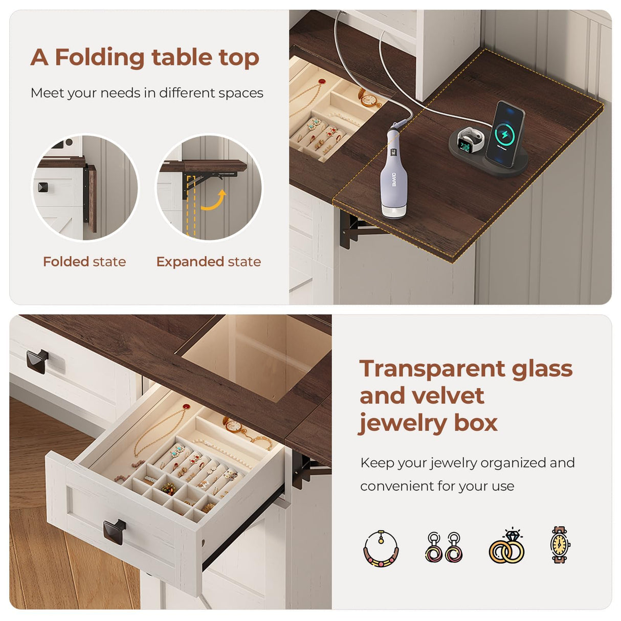 43.7" Farmhouse Vanity Desk with Large Mirror and Hollywood Lights, Makeup Vanity Desk with Charging Station, Adjustable Lighting,3 Drawers with 1 Velvet jewelry box for Bedroom, Dressing Room UPOSOJA