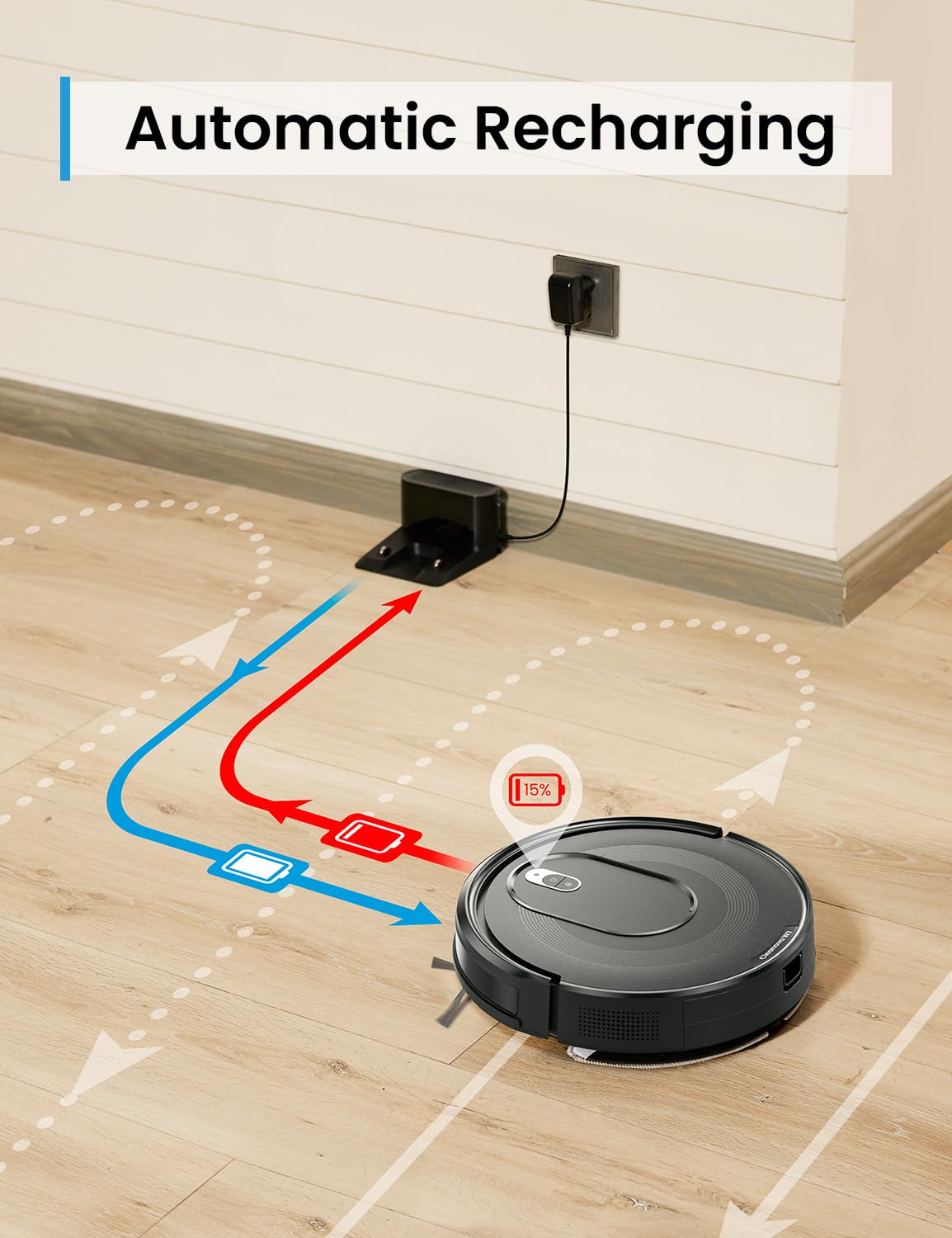 PSUK W7 Robot Vacuum and Mop Combo, Suction Port for Pet Hair, 2 in 1 Mopping Robotic Vacuum Cleaner with Watertank and Dustbin, Self-Charging, Slim, Max 120mins Runtime for Hard Floor (Black) PSUK