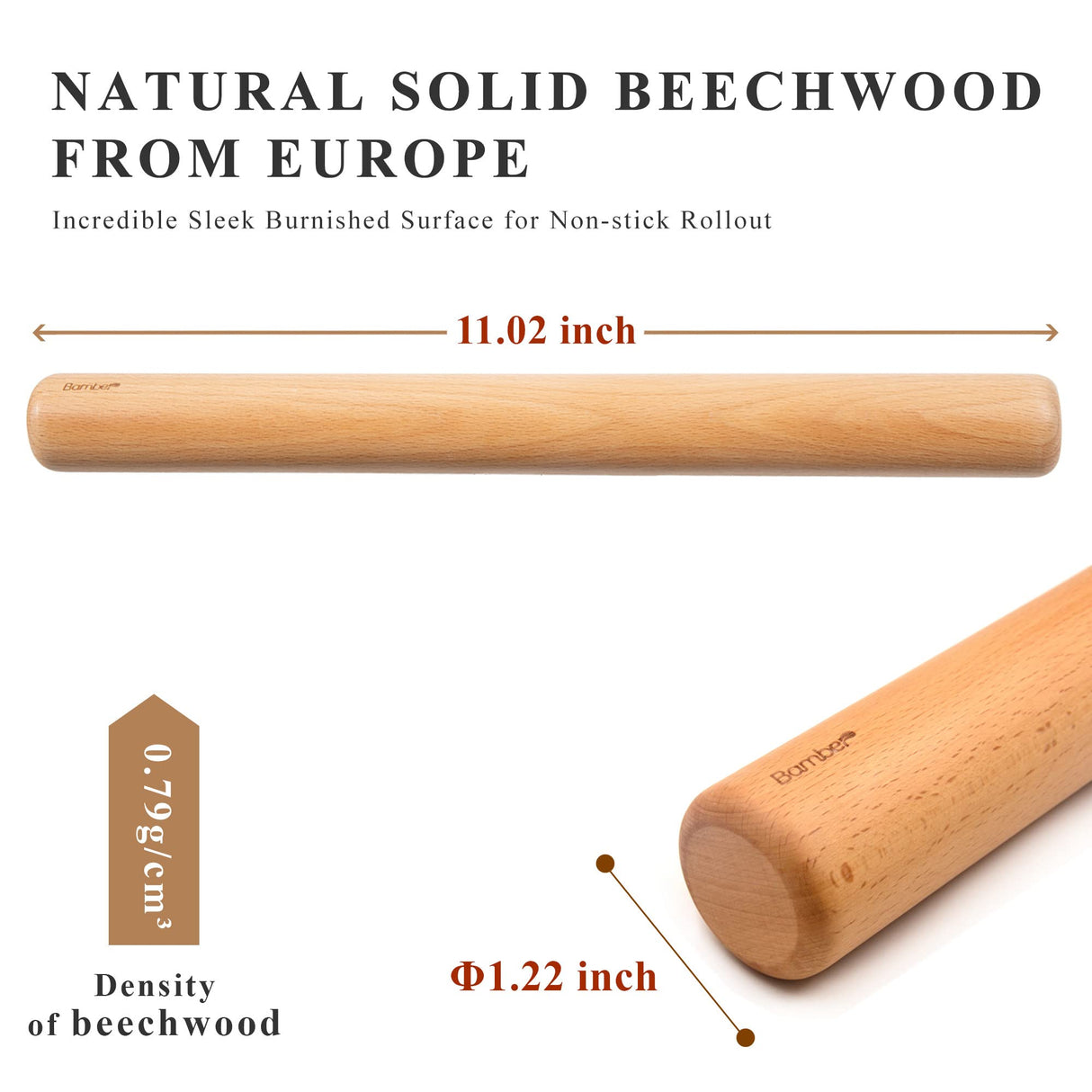 Bamber Mini Wood Rolling Pin for Baking Small Wooden Rolling Dowel Stick Dough Roller for Kids, 11'' by 1.2'' Bamber