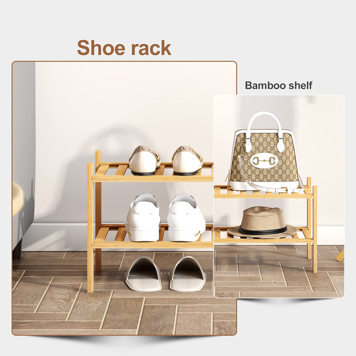 FILWH Bamboo Shoe Rack Stackable Shoe Shelf Storage Organizer for Unit Entryway Hallway and Closet Sturdy Freestanding Shoe Shelf(2 Tier Natural) FILWH
