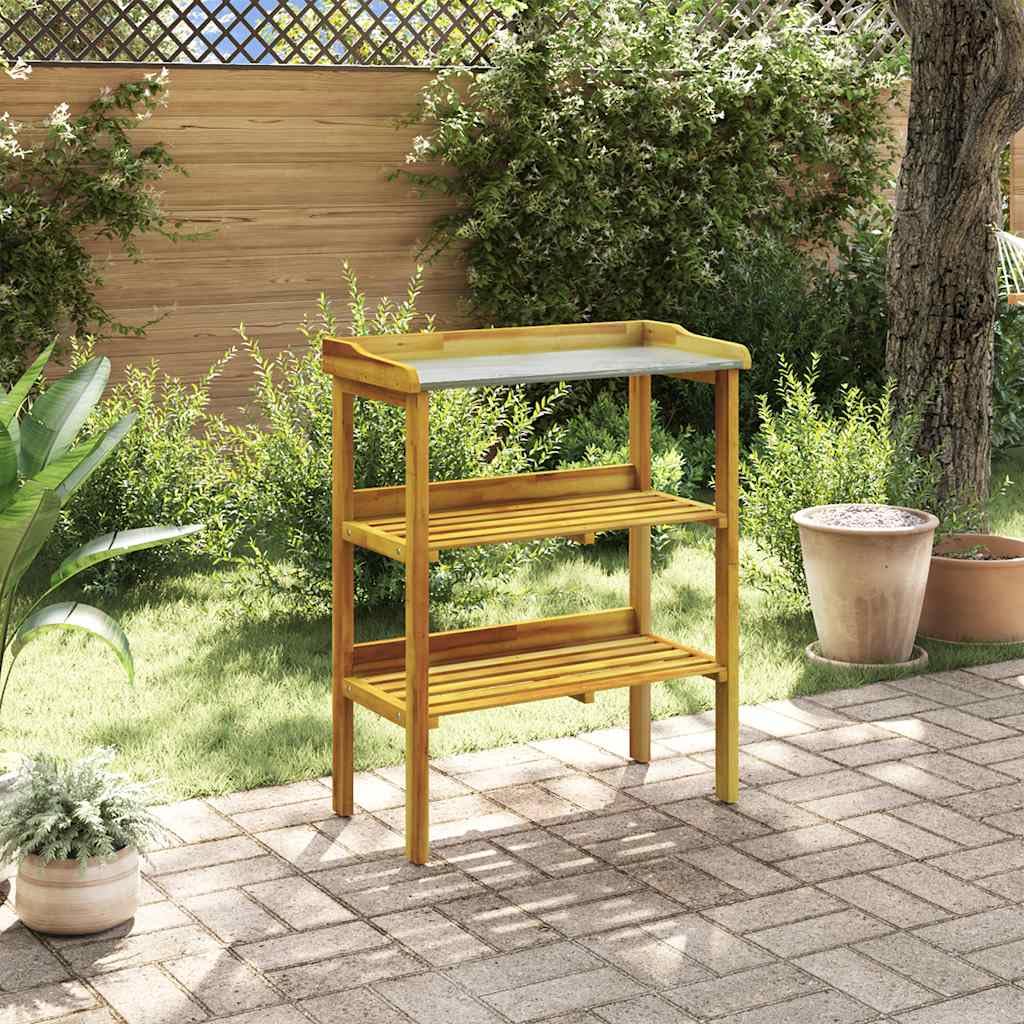 vidaXL Rustic Solid Acacia Wood Potting Bench with 2 Shelves Water Resistant Garden Work Station Wooden Plant Stand for Balconies and Greenhouses Planting Table Display Shelf Flower Outdoor Gardening vidaXL