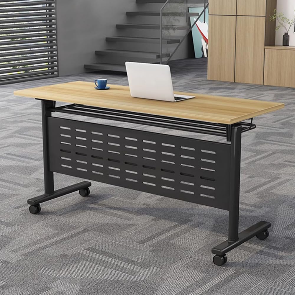 Folding Conference Table, Modern Rectangle Flip Top Mobile Seminar Training Table with Caster Wheels, baffles, Waterproof Desktop for Office Conference Room Classroom (Yellow, 63×16×30in) WOJCCS