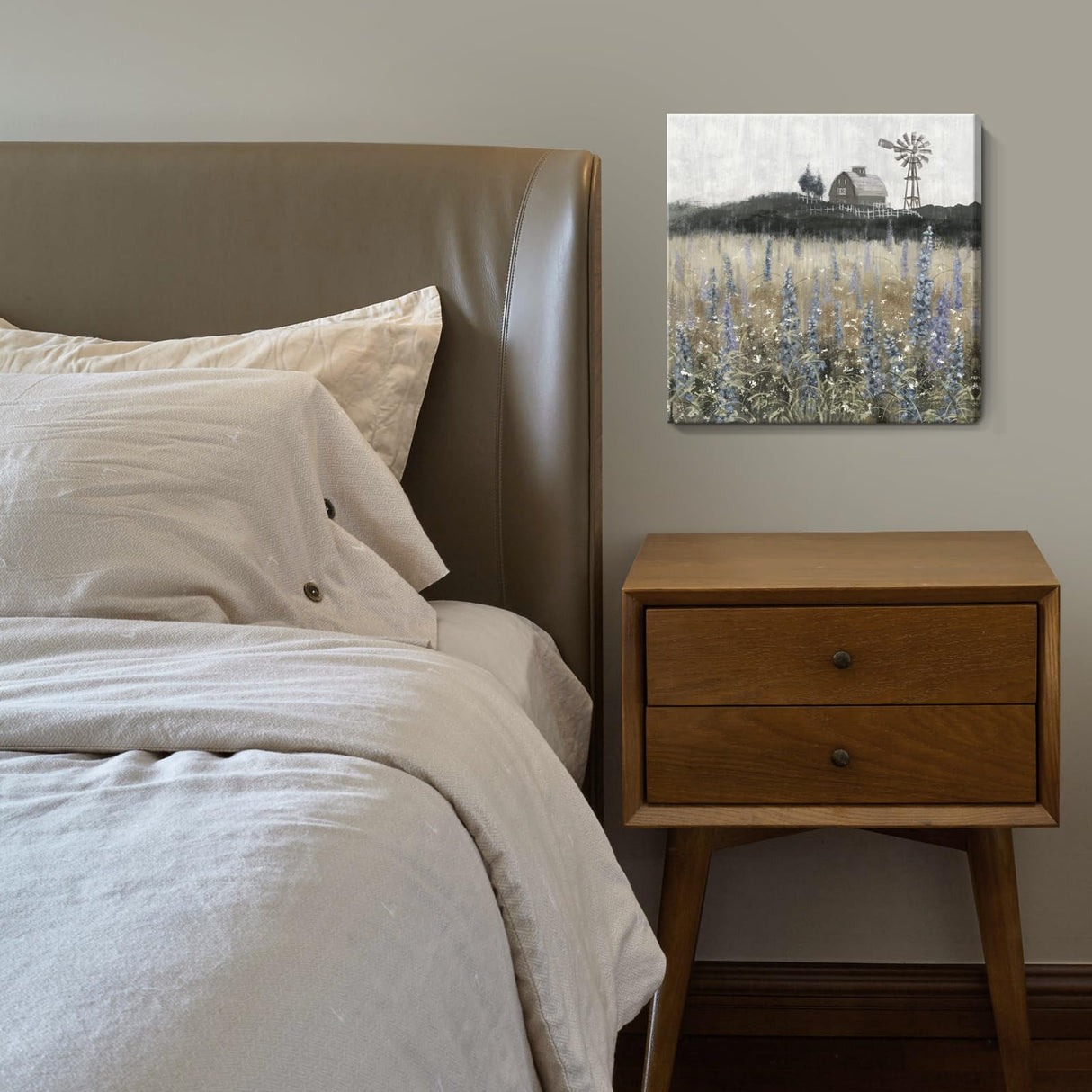 Bathroom Wall Art Vintage Farmhouse Canvas Print Retro Countryside Flower Field Nature Meadow Landscape Rustic Windmill Barn Picture Framed Artwork for Home Bedroom Living Room Black Purple 14x14inch Nicetop