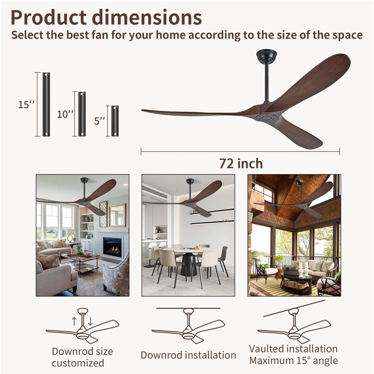 72" Ceiling Fans Without Lights, 72 Inch Outdoor Ceiling Fans no Lights, 3 Blade Solid Wood Damp Rated Ceiling Fan with Remote Control for Living Room Gazebo Farmhouse/Patios Porch - Dark Walnut Zronon