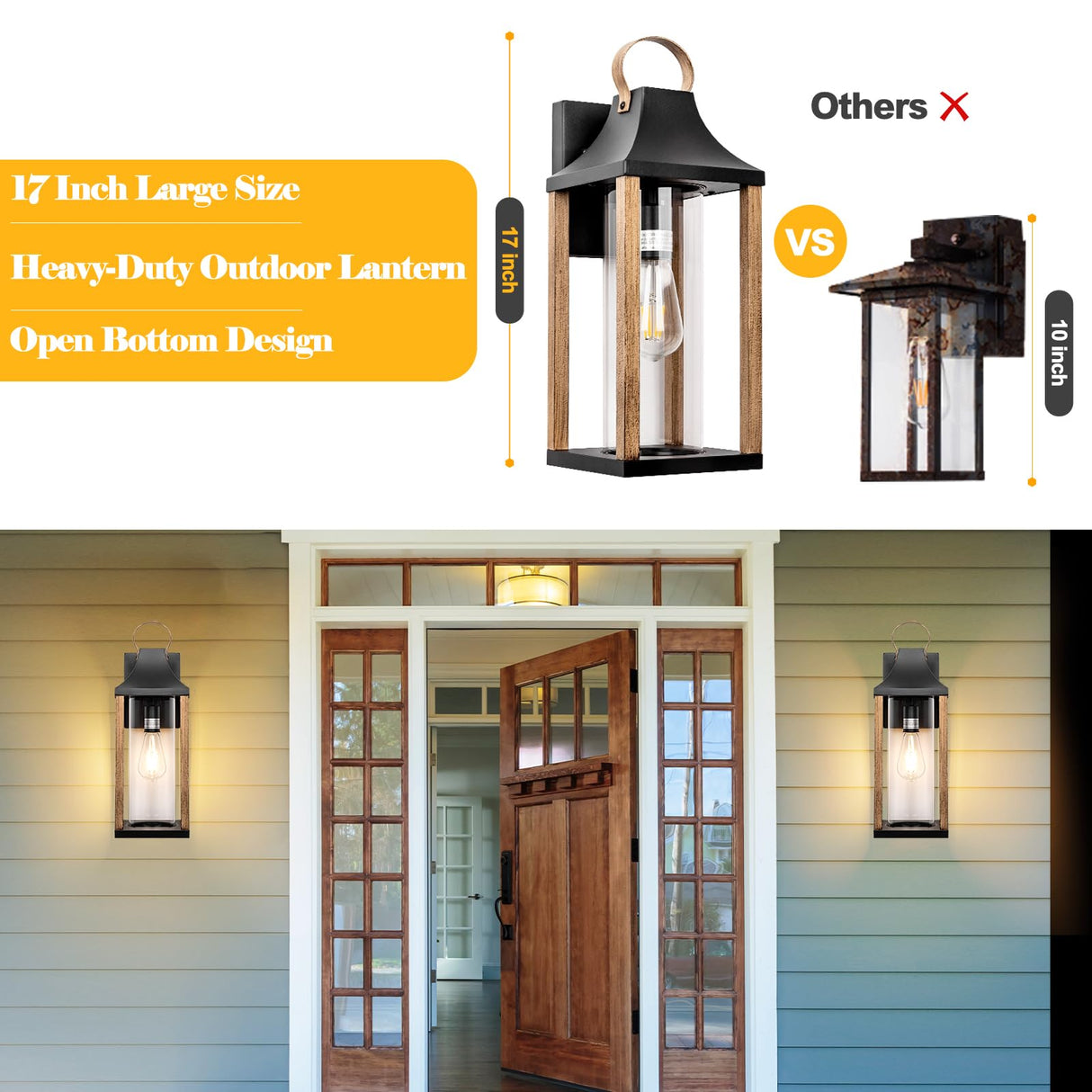 Roravilila Large Outdoor Wall Light 17" H Light Fixture with Cylindrical Clear Glass Modern Wall Sconce for Patio Porch Courtyard, E26 Base IP65 Waterproof, Rustic Wood Roravilila