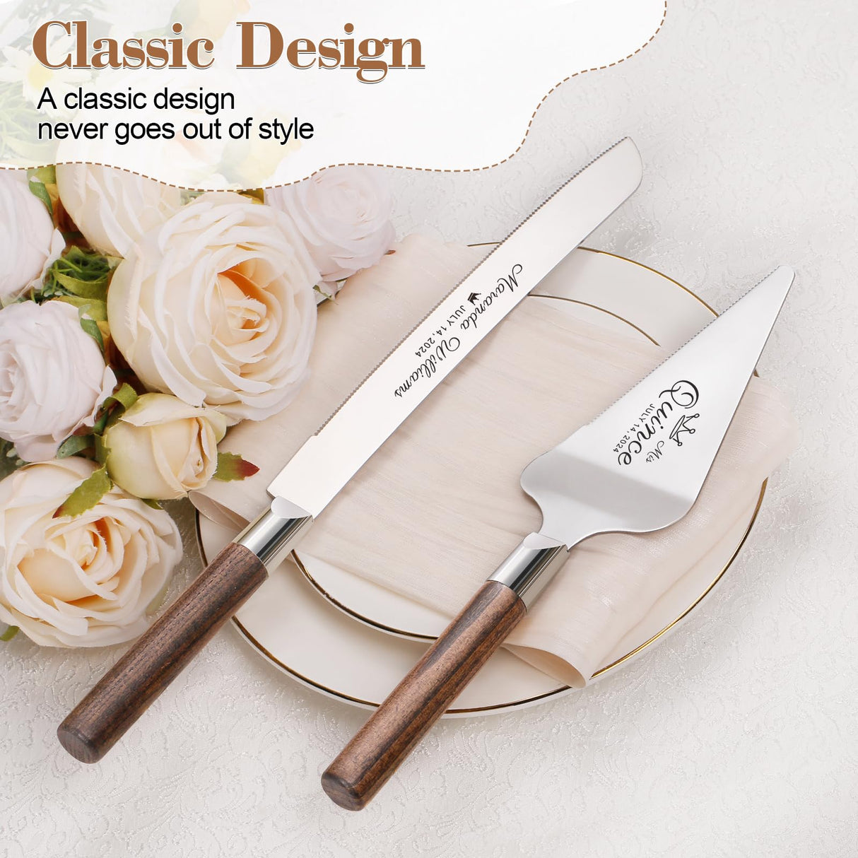 TUKDAK Personalized Cake Cutting Set for Wedding, Cake Knife and Server Set Free Engraving, Custom Wooden Dessert Pie Cutter Serving Quinceañera TUKDAK
