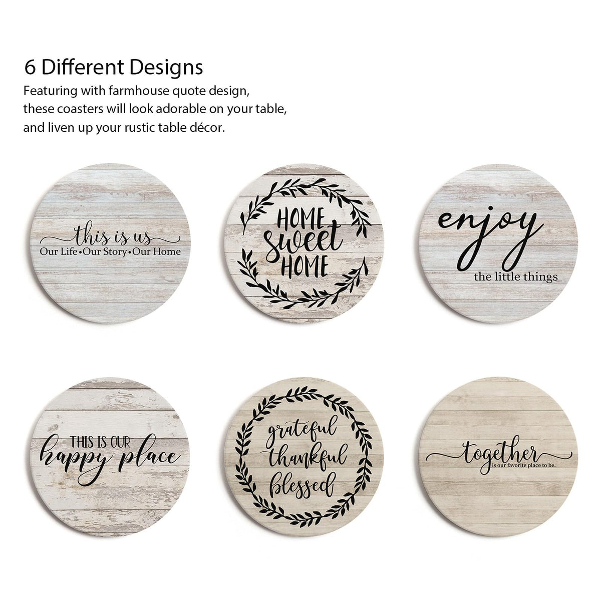 Hoomey Coasters for Drinks, Set of 6 Absorbent Drink Coasters with Holder, Farmhouse Style Ceramic Drink Coasters with Cork Backing for Table Protection, Housewarming Gifts for New Home Hoomey
