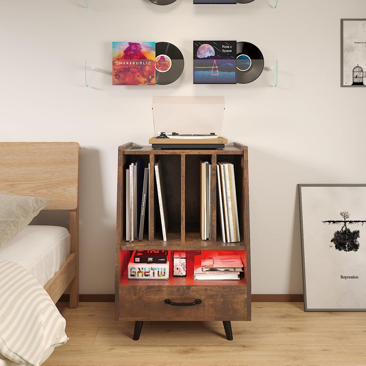 HedoAjim Large Record Player Stand with Vinyl Storage with LED Light, Turntable Stand with Drawer, Midcentury Record Player Table Holds Up to 200+ Albums, DVD Shelf for Music Room Living Room-Walnut HedoAjim