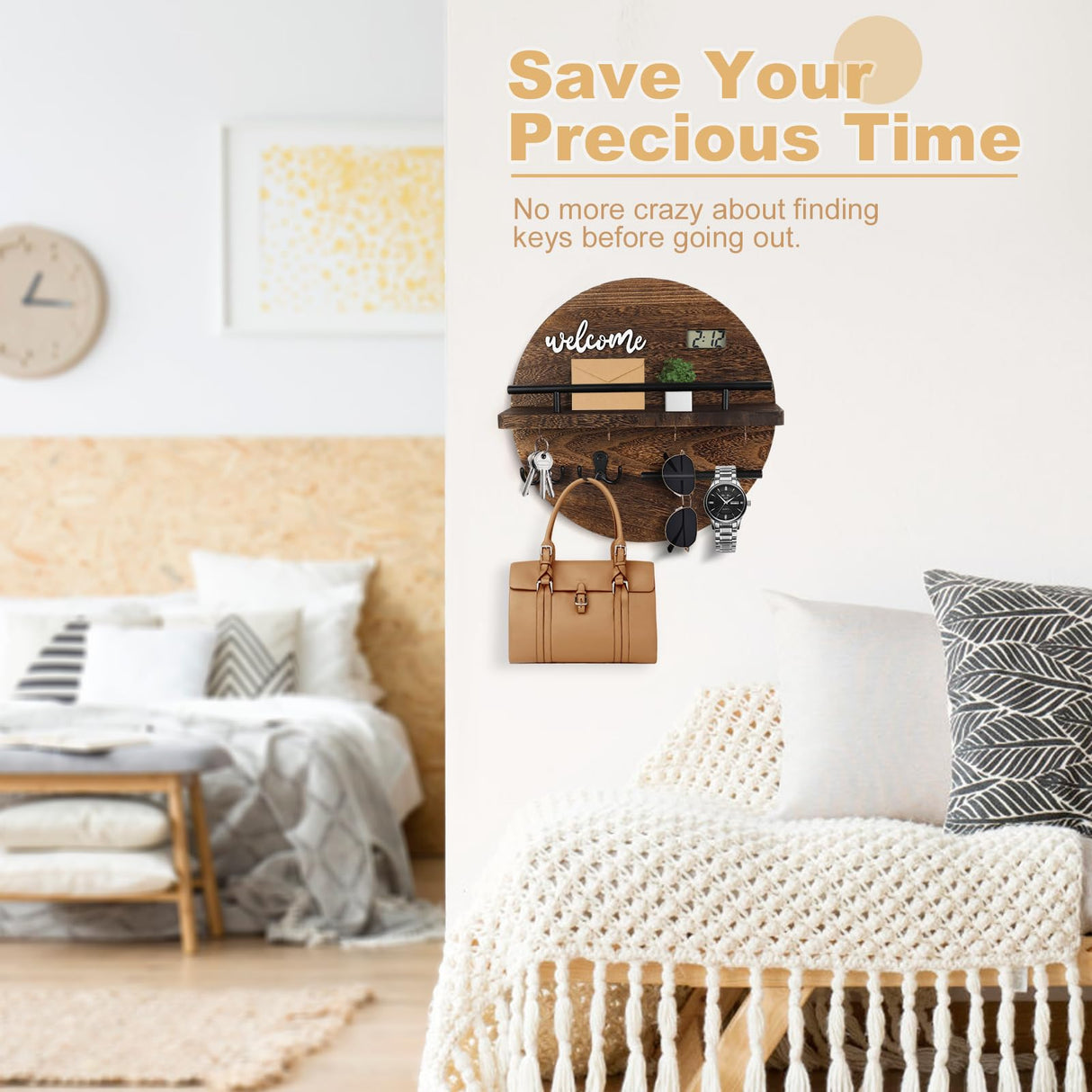 LEIRUOTM Key Holder for Wall, Key and Mail Holder Organizer with - Key Holder Wall Mount - Round Wooden Rustic Home Decor for Entryway, Mudroom, Hallway, Kitchen Office (Brown) LEIRUOTM