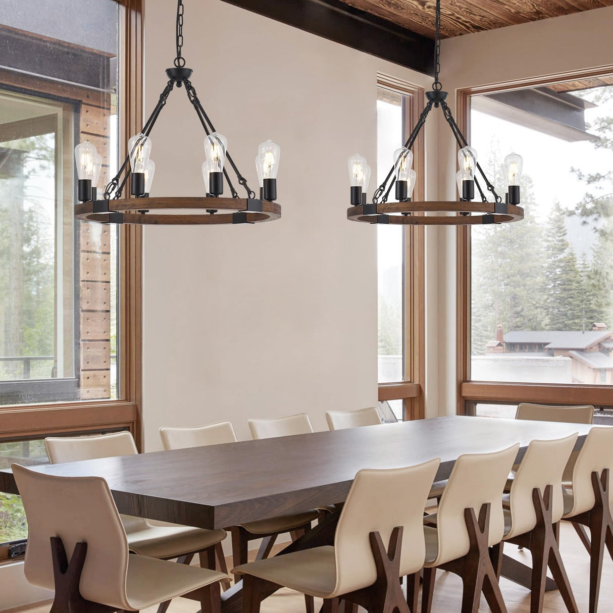 brfaixla 8 Lights 23.6'' Wooden Wagon Wheel Chandelier Farmhouse, Black Metal Ceiling Pendant Light Industrial Vintage Rustic Round Wood Chandeliers for Living Dining Room Kitchen Entryway Foyer brfaixla