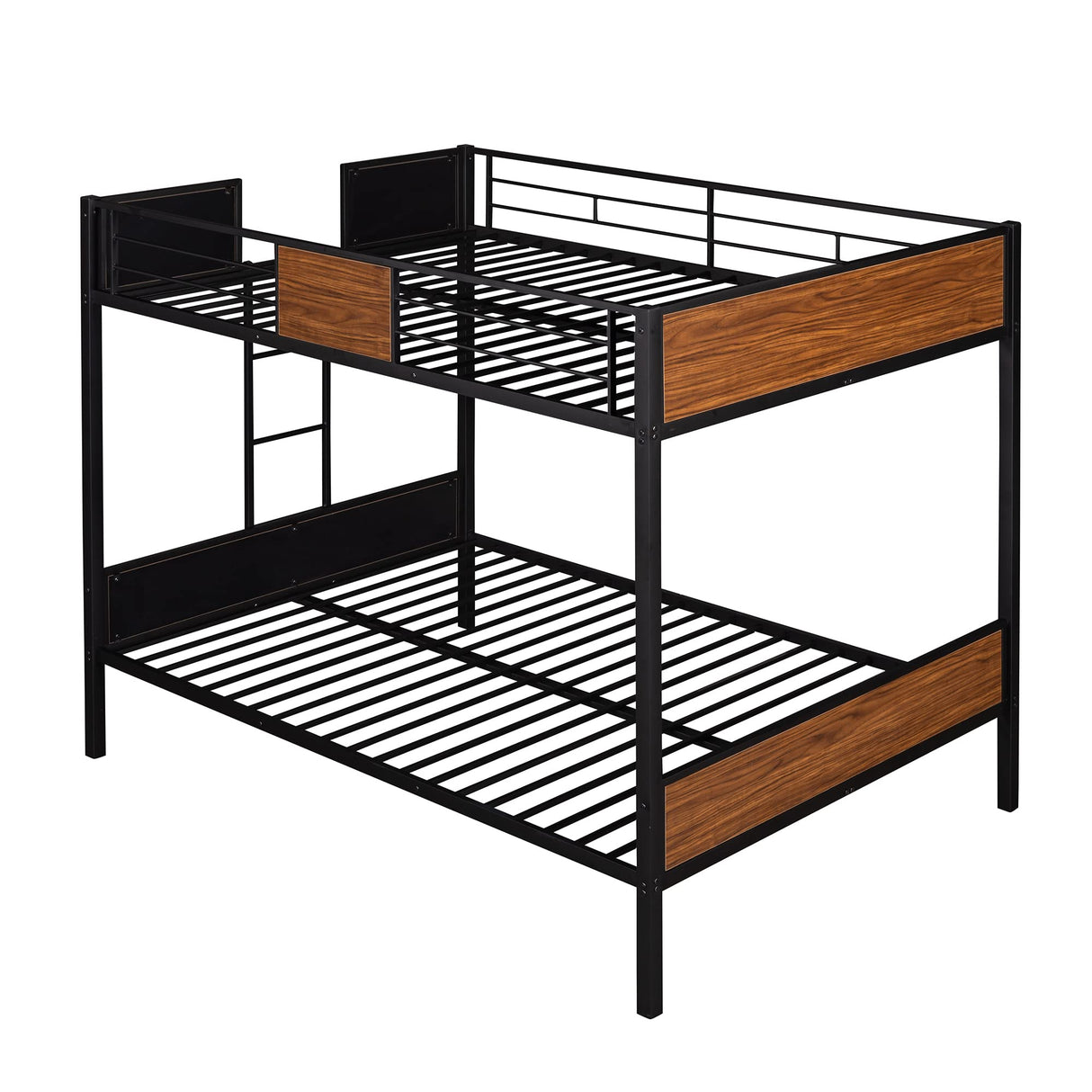 Full Over Full Metal Bunk Bed, Modern Style Heavy-Duty Steel Frame Bunk Bed with Safety Rail, Built-in Ladder for Bedroom, Dorm (Black + Brown) Bellemave