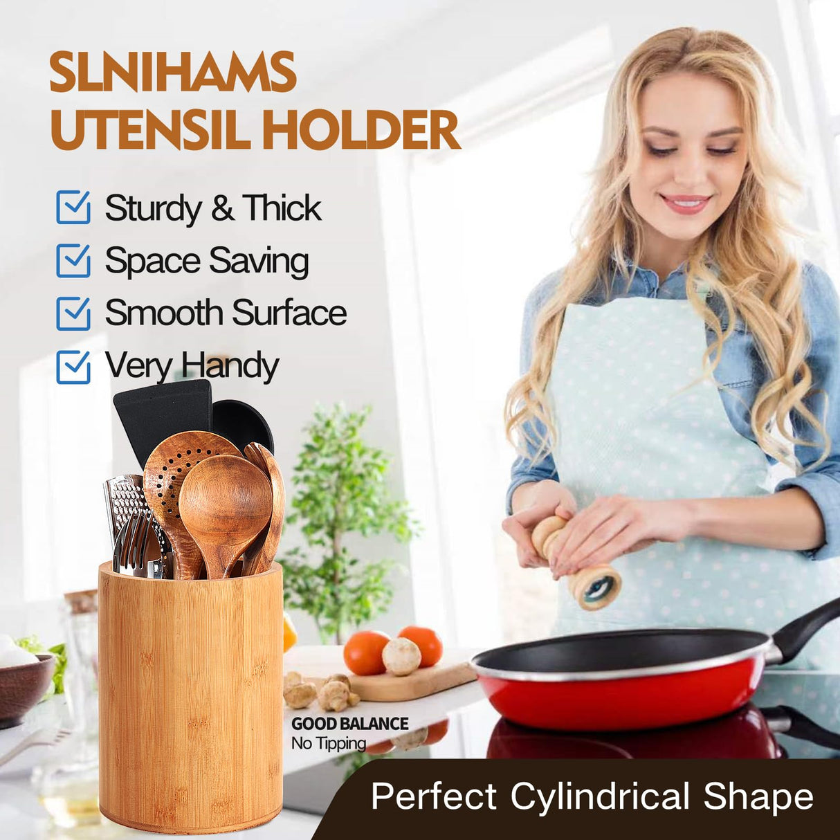 Bamboo Utensil Holder, Large Utensil Holders for Kitchen Counter, Bamboo Spoon and Chopstick Holder for Kitchen Decor, Flatware and Spatula Storage Organizer, for Countertop, Pantry and Bathroom SLNIHAMS