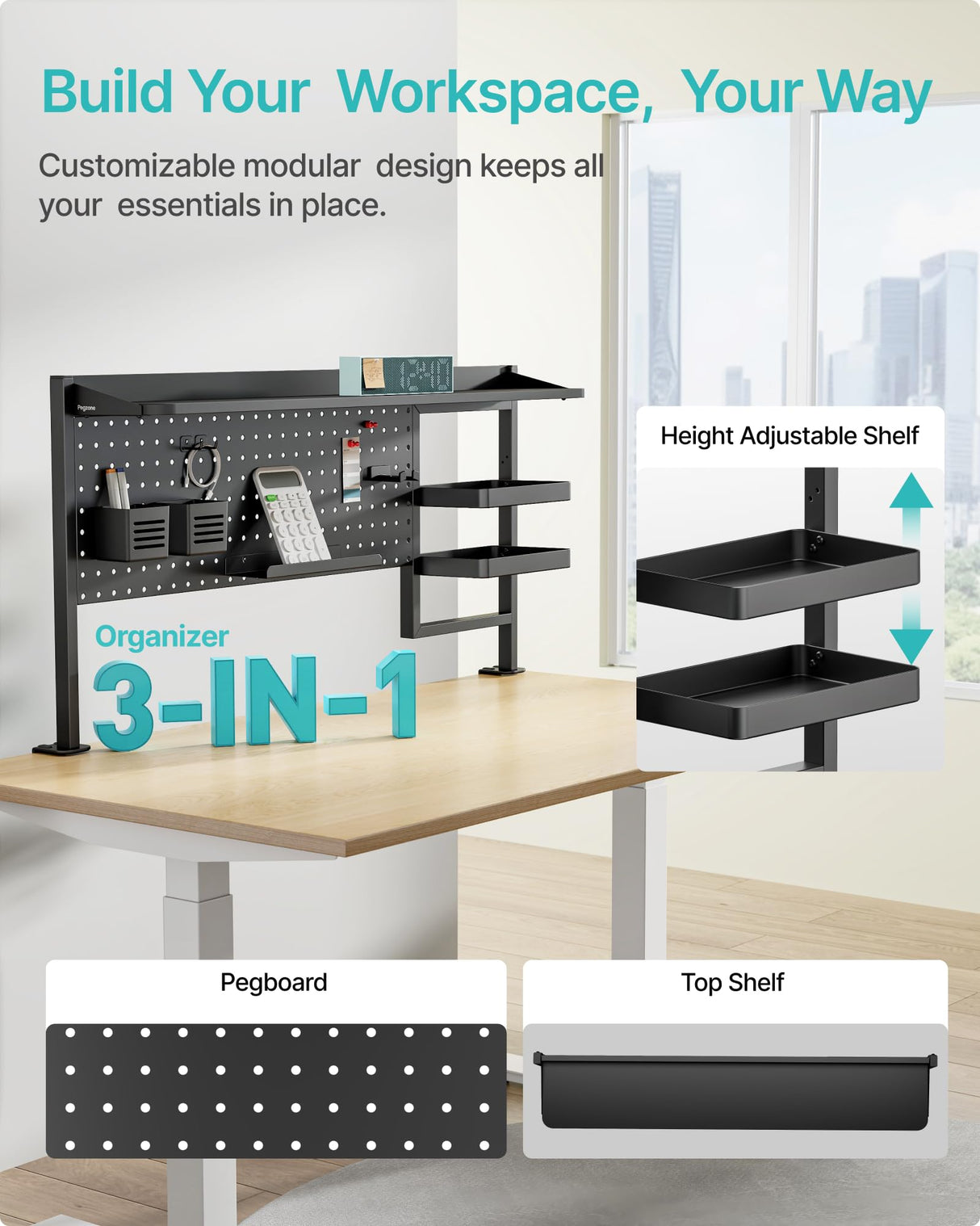 PEGZONE Clamp on Desk Shelf, 44" Desktop Shelving System with Pegboard and Accessories, Desktop Organizer with 2-Tier Shelf, Desk Pegboard for Office Home Gaming, Black PEGZONE