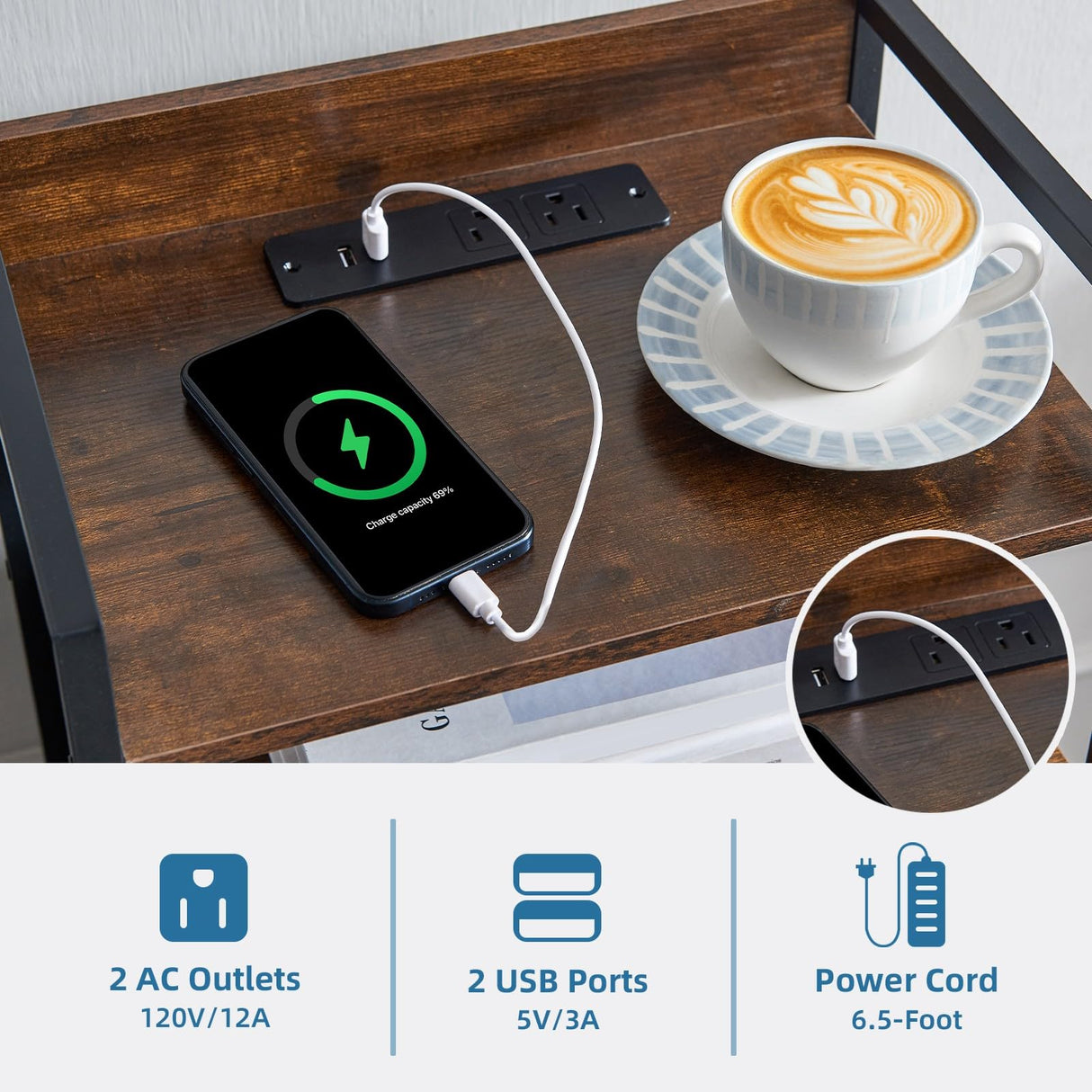 Somdot Black Nightstand with Charging Station and LED Light for Bedroom, Tall 5 Drawers Dresser with Fabric Bins for Bedside Kids Dorm Room Closet Laundry Entryway, Black Rustic Brown Somdot