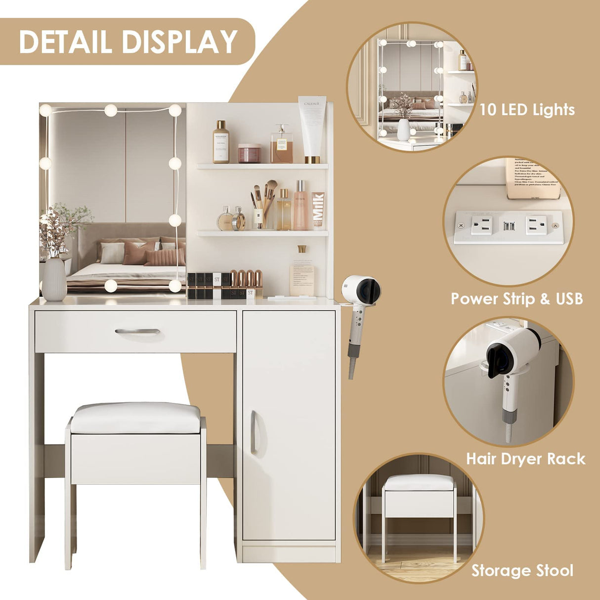 Makeup Vanity Desk with Lighted Mirror & Power Strip,Makeup Vanity Table with Lights and Lots Storage,3 Lighting Modes,35in Large Drawers Dressing Table,White Vabches