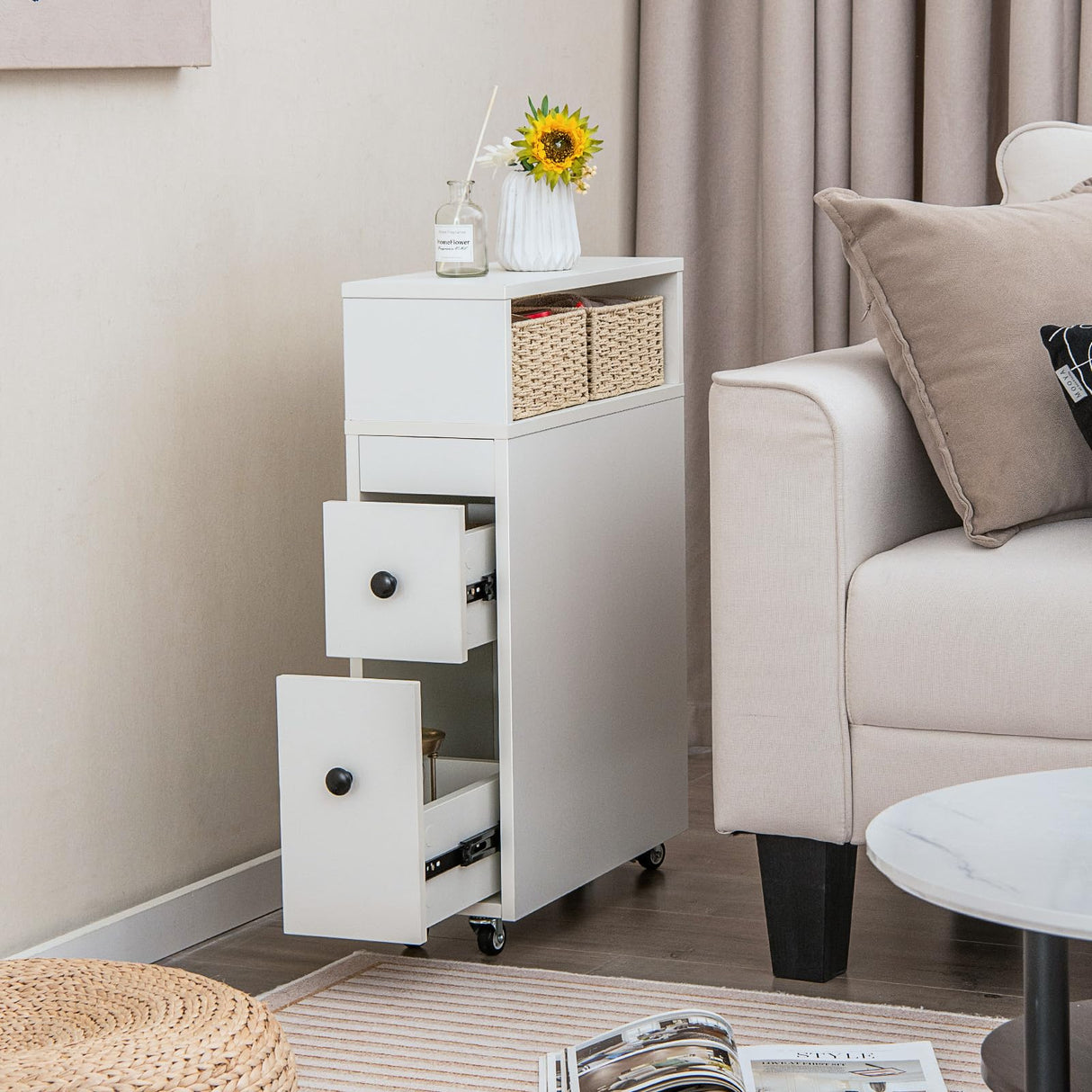 Tangkula Compact White Bathroom Storage Cabinet with Drawers and Rattan Baskets on Wheels Tangkula